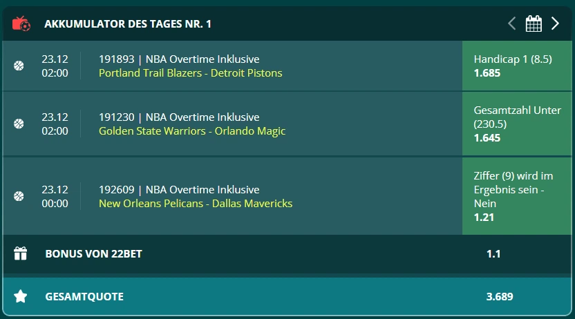 Beispiel 22bet Akkumulator des Tages